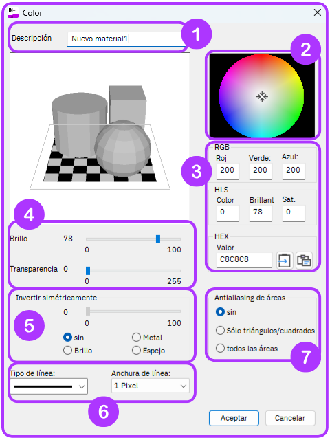 Una imagen del cuadro de diálogo Color, anotada con números
